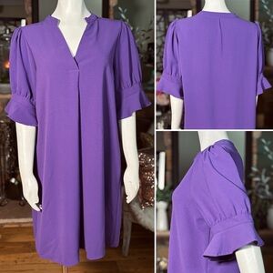 Purple Casual Ruffle Puff Sleeve V-neck Relaxed Fit Flowy Shift Dress, Sz L
